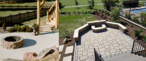 One the left side of the photo there is a poured concrete patio with a stone firepit in the center of it. The patio is surrounded by a mix of large stones and a mulch garden with shrubs. The right side of the photo features a stone laid patio with a large retaining wall for seating and a built in fire pit.