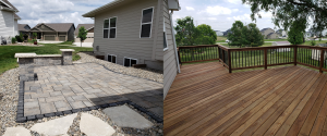 Stone laid patio with a stone bench retaing wall and flagstone steps is pictured on the left side of the photo and a wood deck with a wood and iron rod railing is pictured on the right side of the photo.